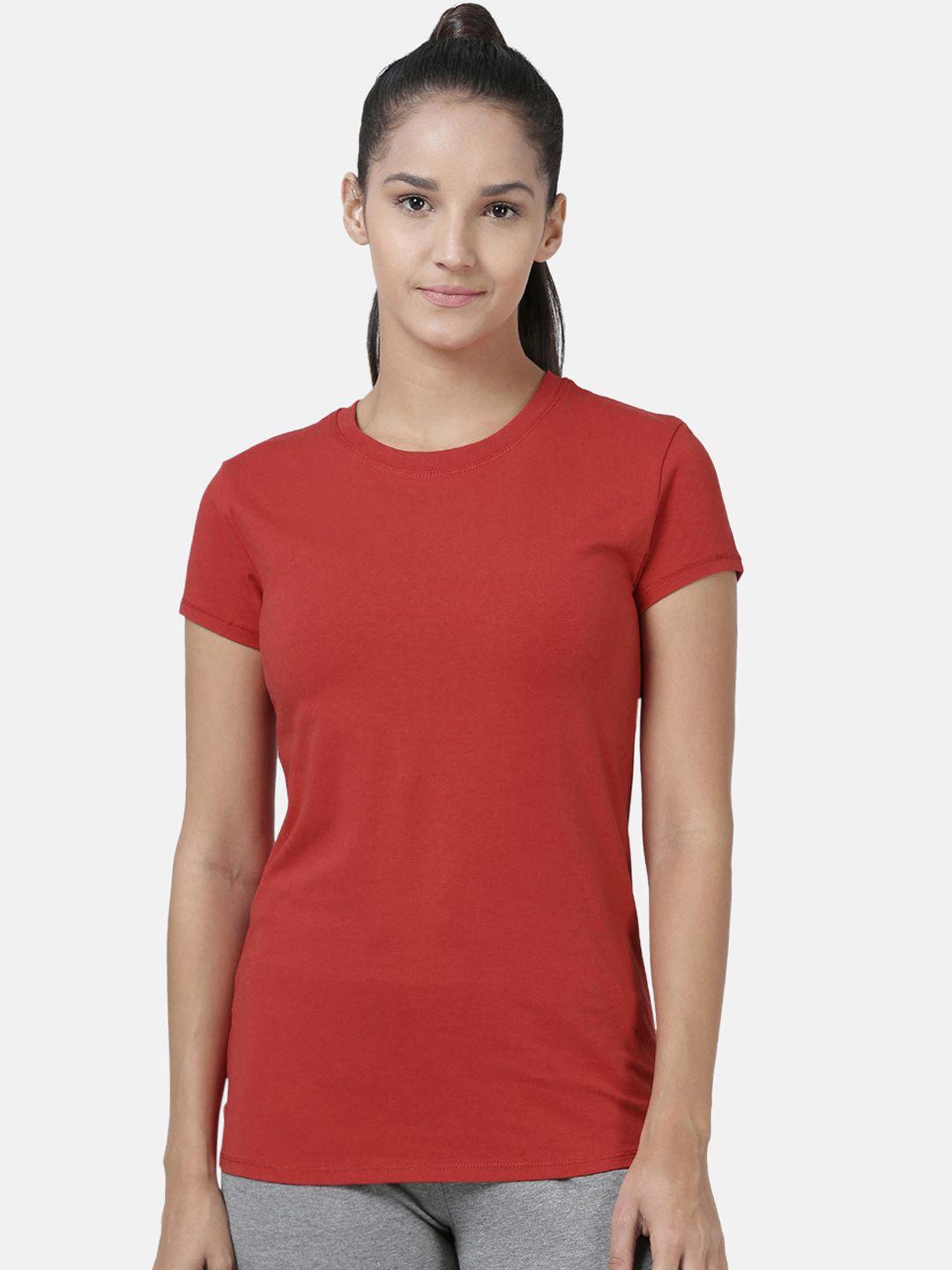 enamor women red slim fit crew round neck t-shirt
