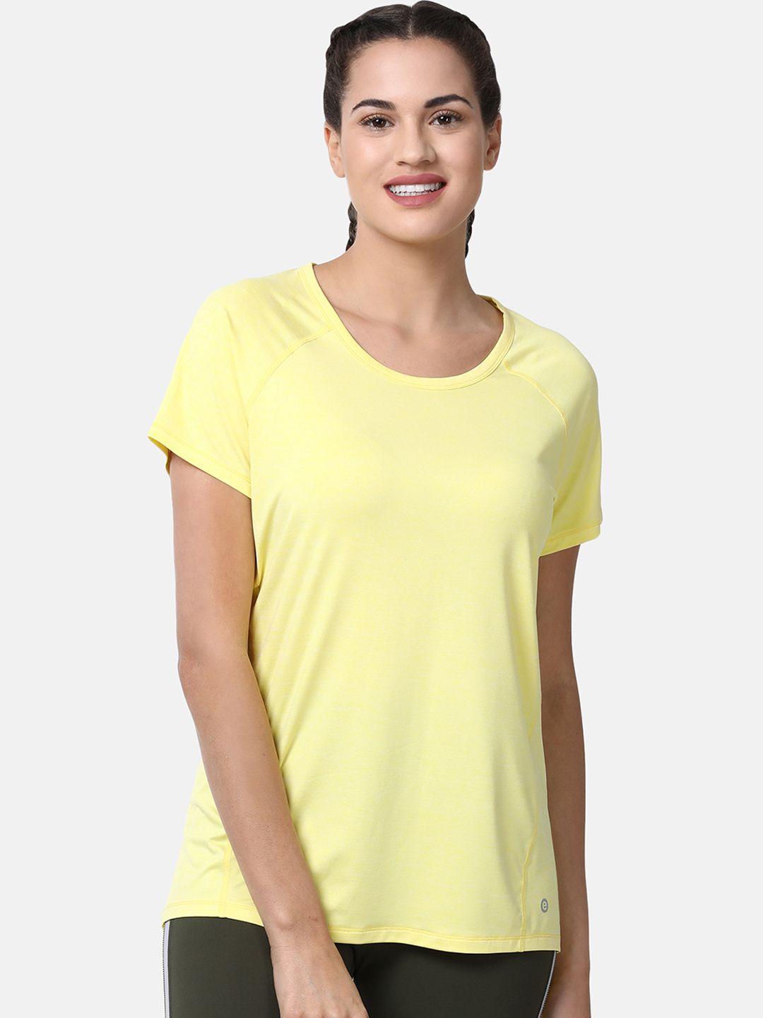 enamor women yellow solid relaxed fit athleisure active t-shirt