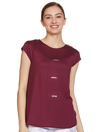 enamor athleisure women's cotton light weight quick dry 4 way stretch antimicrobial relaxed fit short sleeve crew neck active long tee with graphic (a303-plum /sweat gaphic-l)