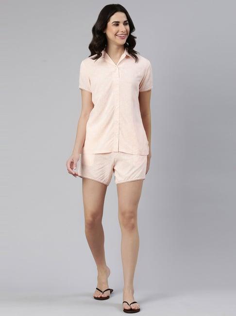 enamor baby pink printed shirt shorts set