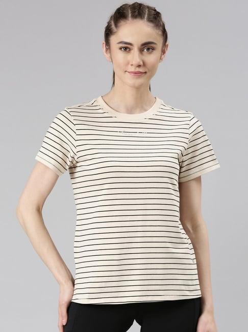 enamor beige cotton striped sports t-shirt