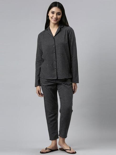 enamor black cotton printed shirt pyjamas set