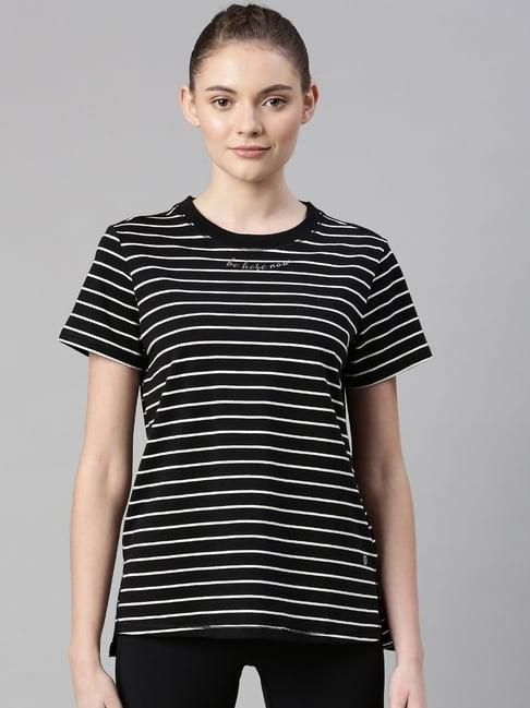 enamor black cotton striped sports t-shirt