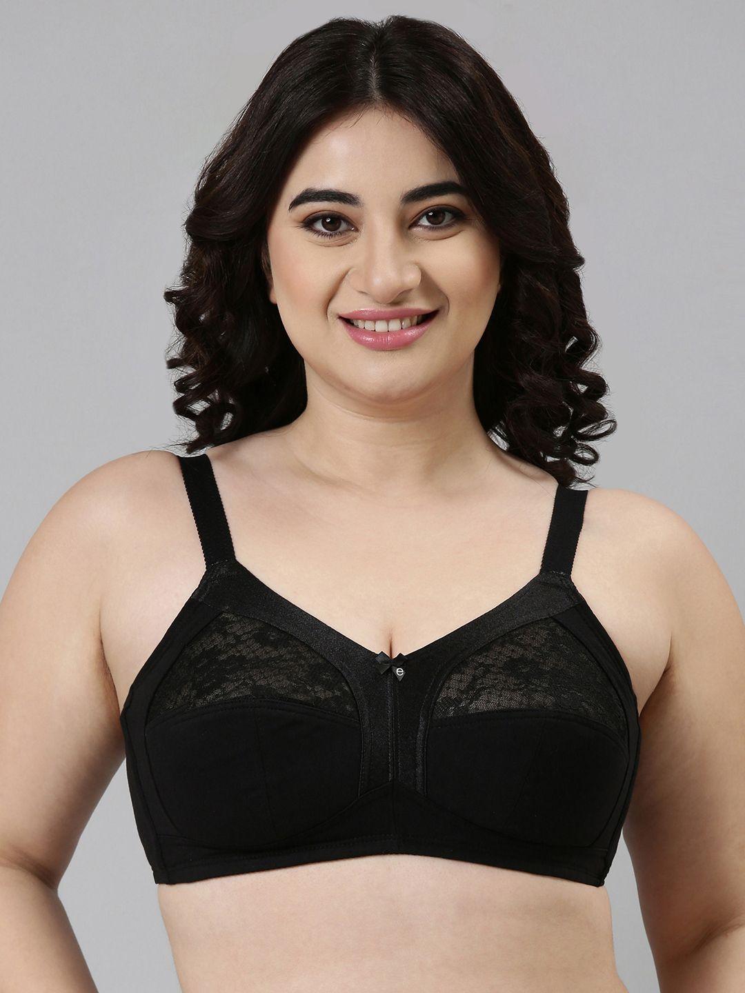 enamor black non-wired non padded full coverage full support bra with lace a014