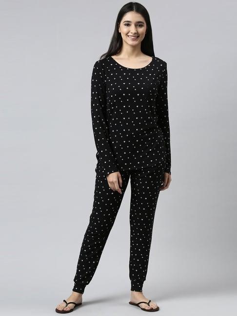 enamor black printed t-shirt pyjamas set