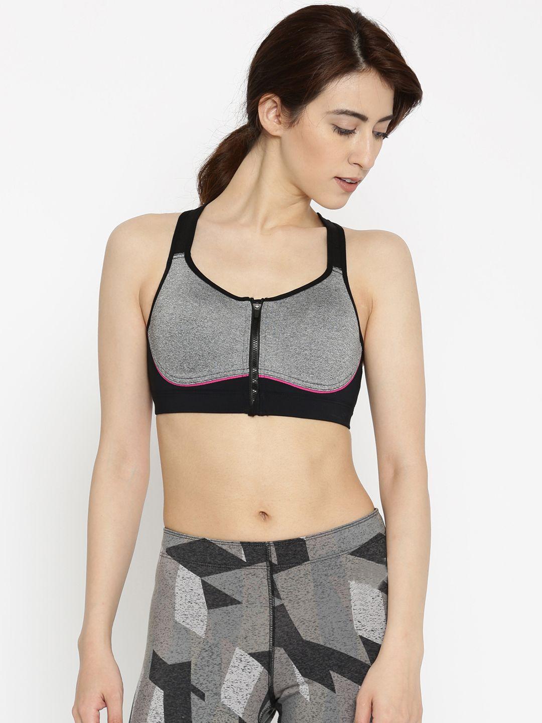 enamor charcoal & black solid non-wired lightly padded sports bra