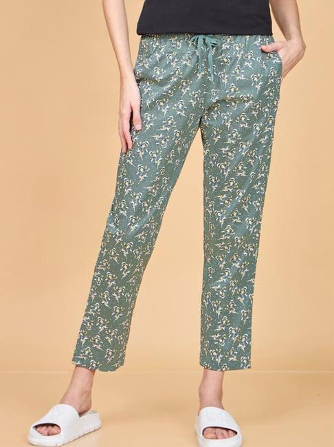 enamor forest green cotton floral print lounge track pants