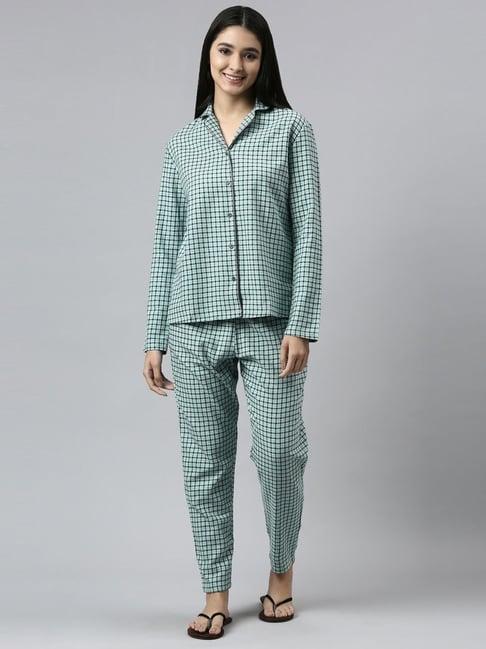 enamor green cotton printed shirt pyjamas set