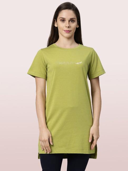 enamor green embroidered longline t-shirt