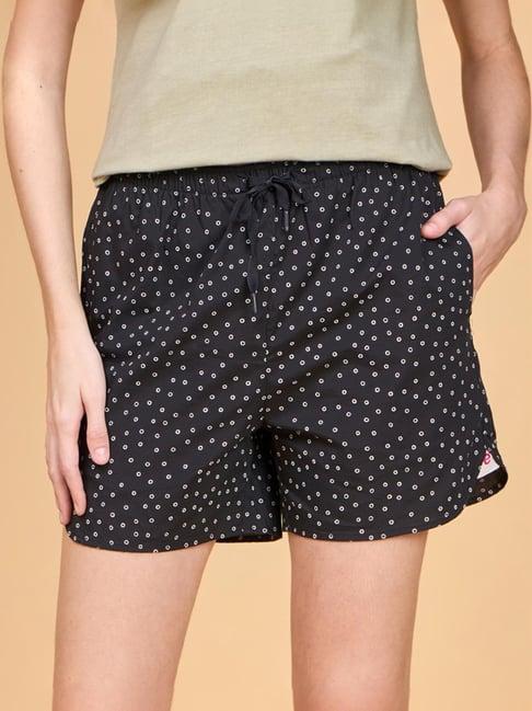 enamor jet black cotton printed lounge shorts