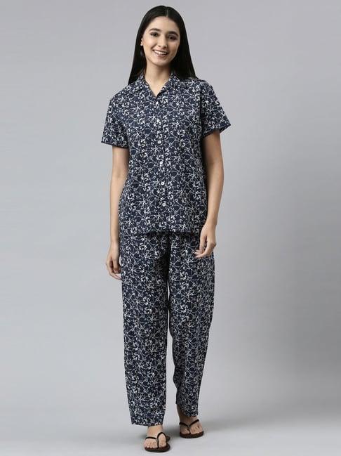 enamor navy printed shirt pyjamas set