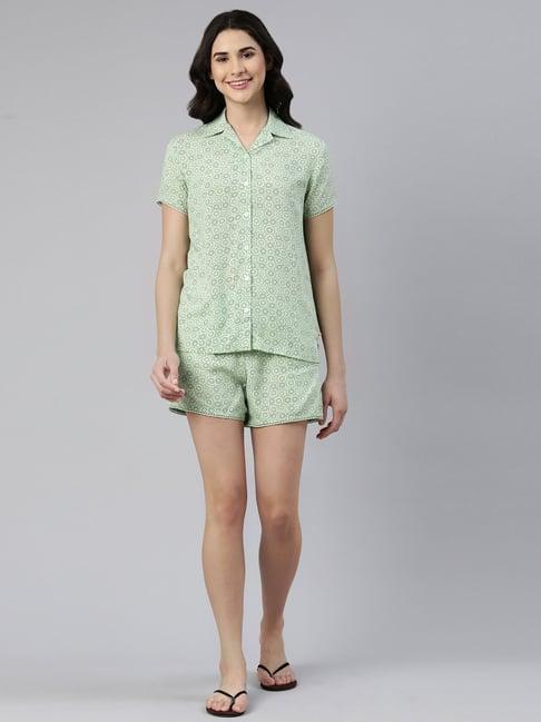 enamor olive green printed shirt shorts set