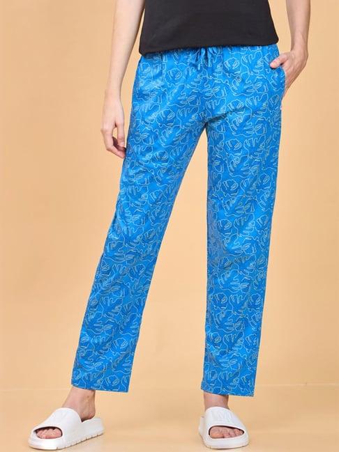 enamor palace blue cotton floral print lounge track pants