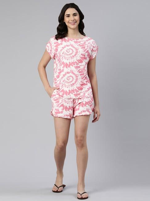 enamor pink printed shirt shorts set