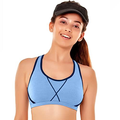 enamor women's sporty fit stretch cotton non-padded antimicrobial beginners slip-on wireless sports teenager bra - bb04(bb04-chambray-l)