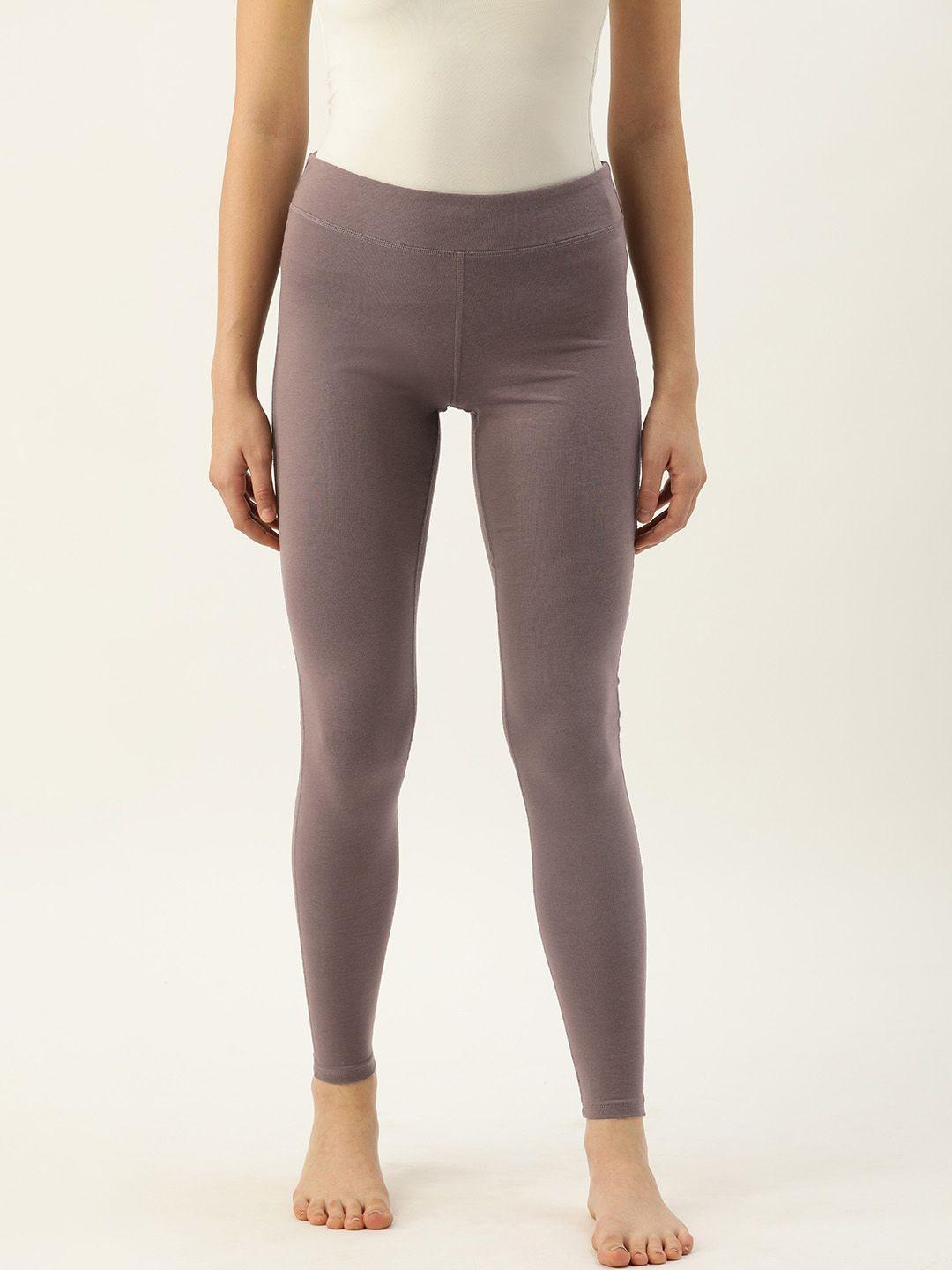 enamor women  brown solid slim fit ankle-length cotton yoga leggings