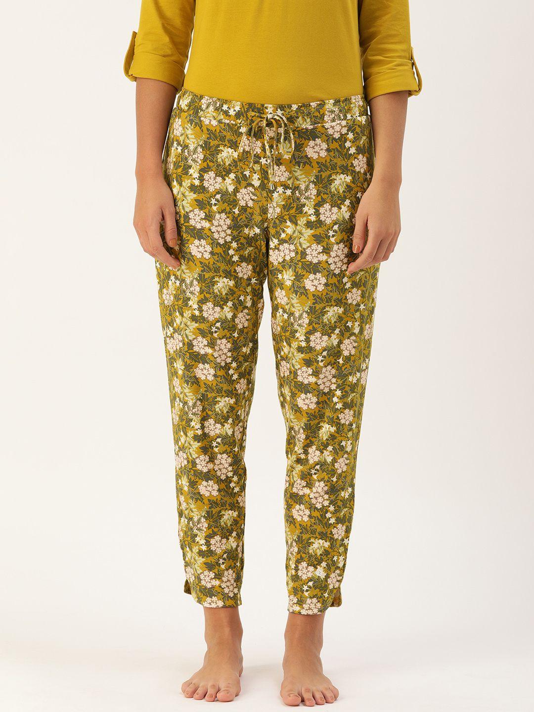 enamor women  mustard yellow charcoal grey floral print relaxed fit shop in pyjama lounge pants