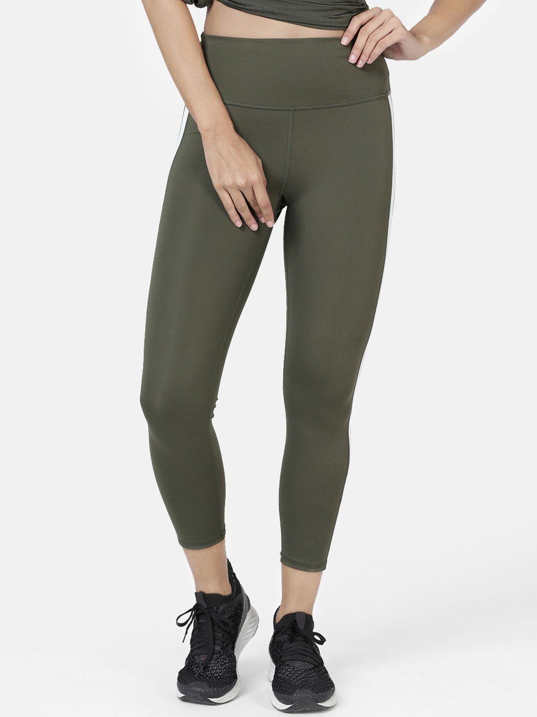 enamor women athleisure olive green solid  hugged fit gym training leggings tights