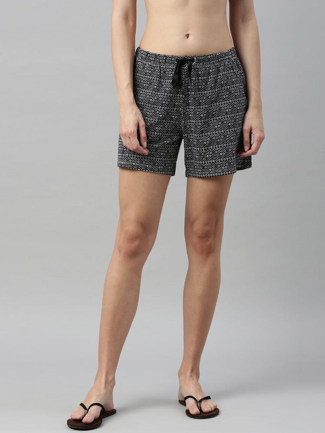 enamor women black printed cotton loose fit sports shorts