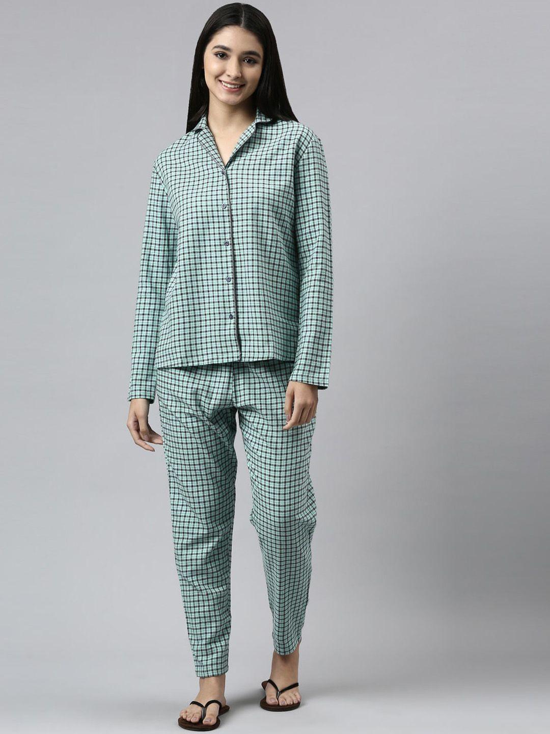 enamor women blue & black checked night suit