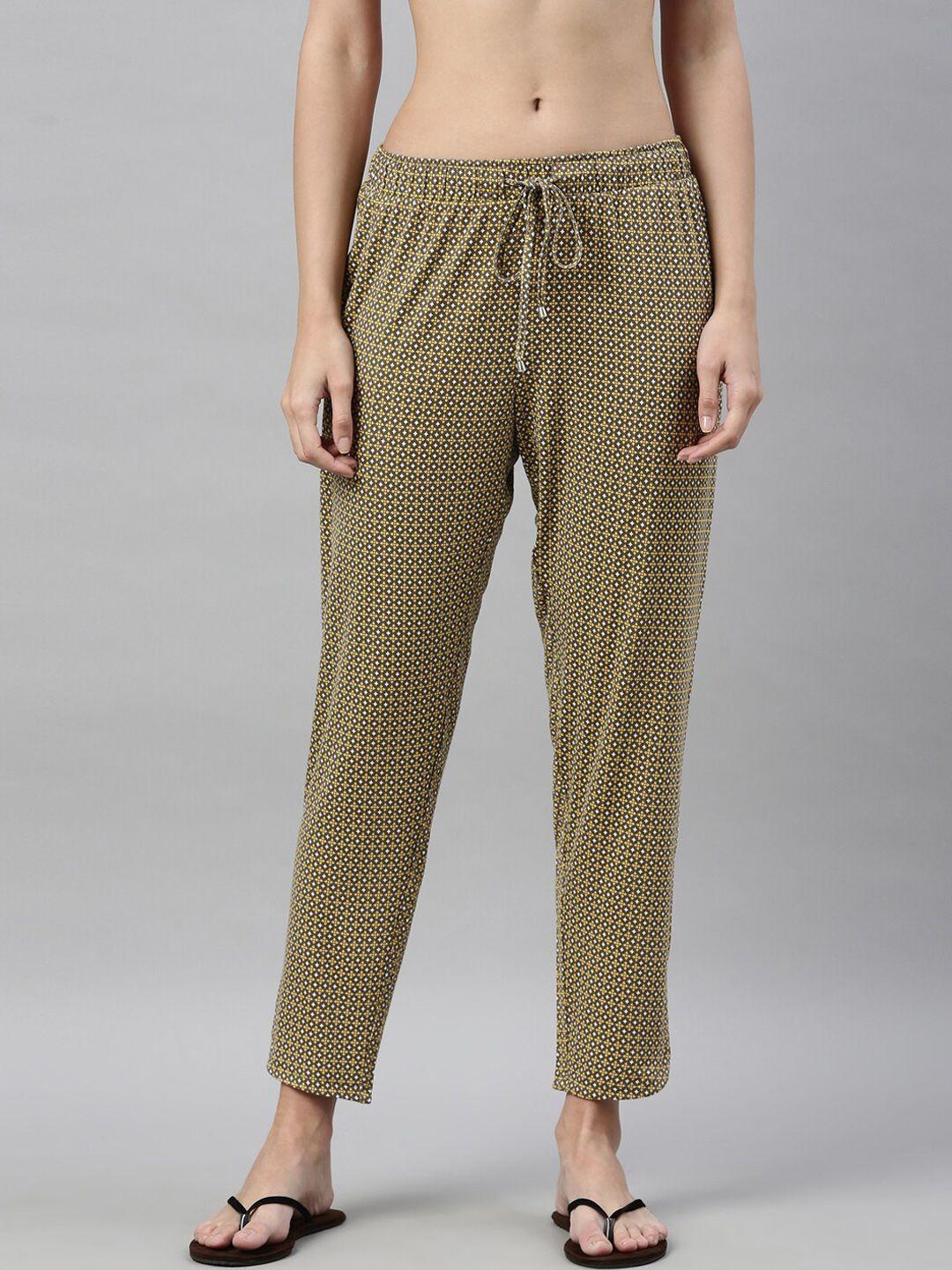 enamor women brown & yellow printed straight-fit lounge pants