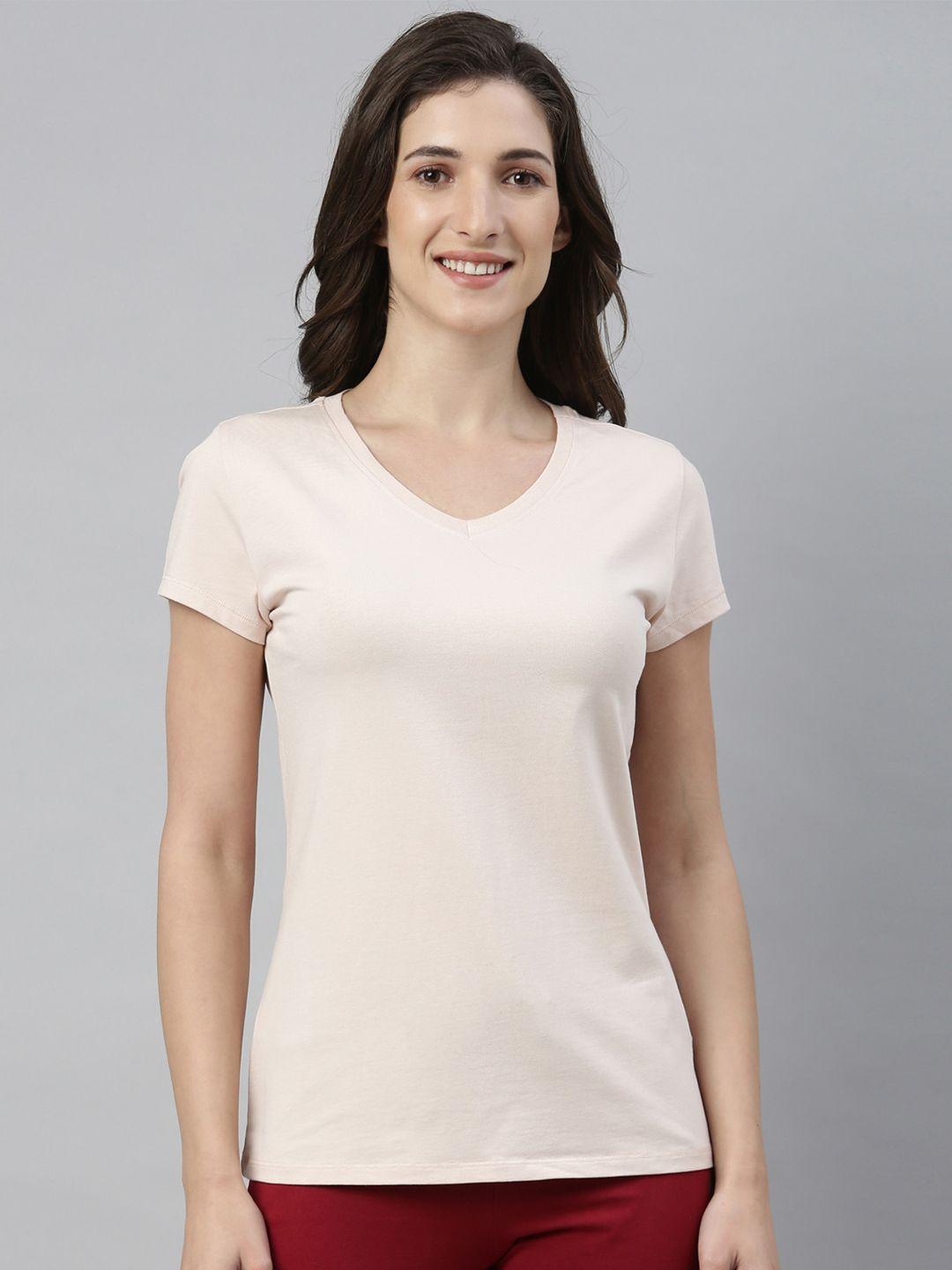 enamor women cream-coloured v-neck slim fit cotton t-shirt