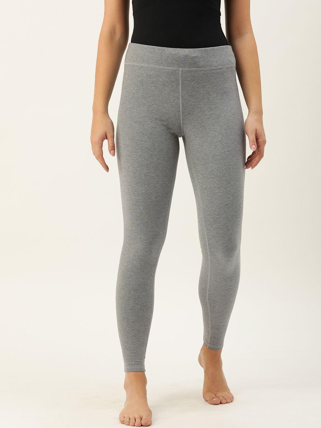 enamor women grey melange solid slim fit ankle-length cotton yoga leggings