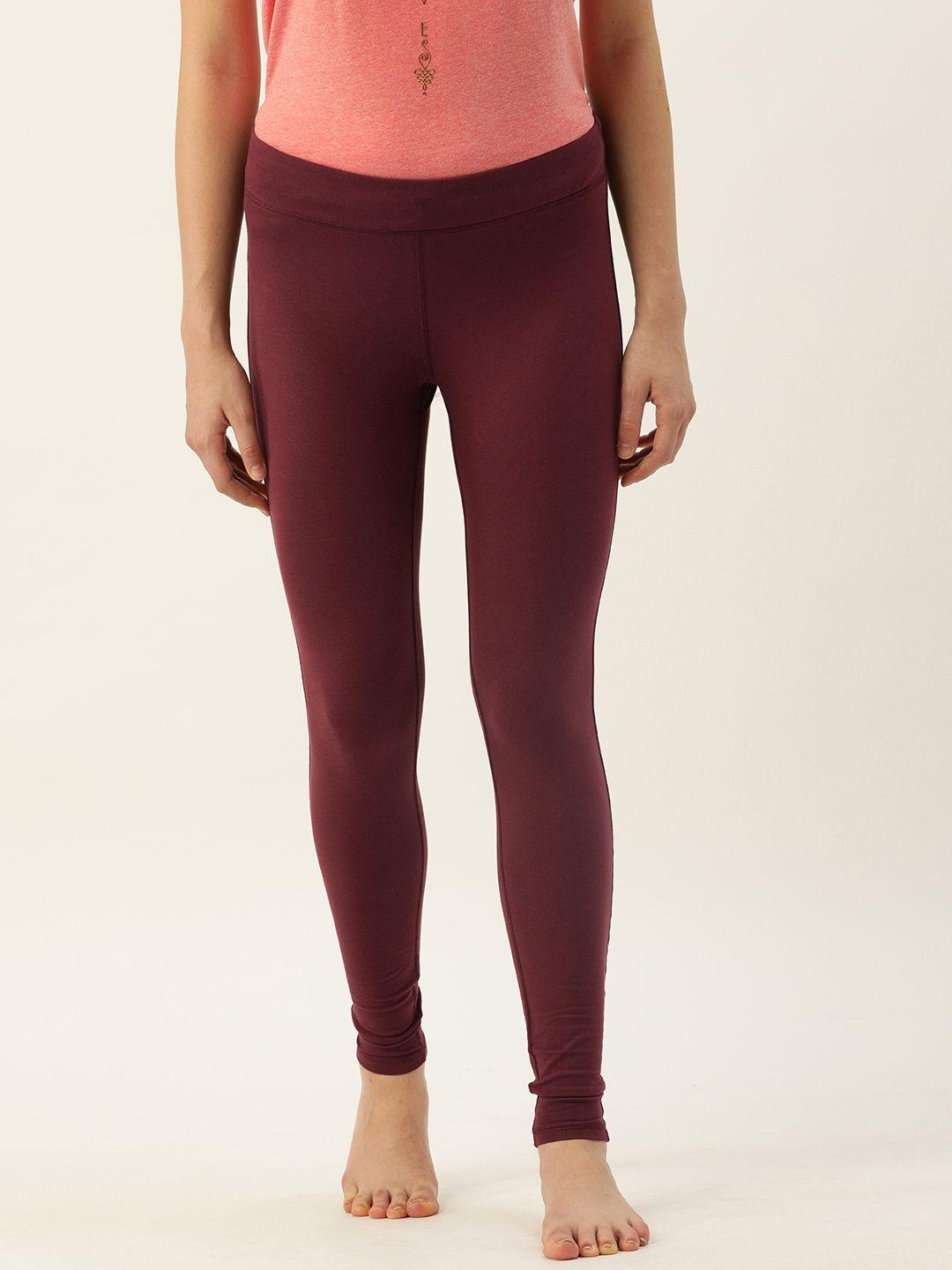 enamor women maroon solid slim fit ankle-length cotton yoga leggings