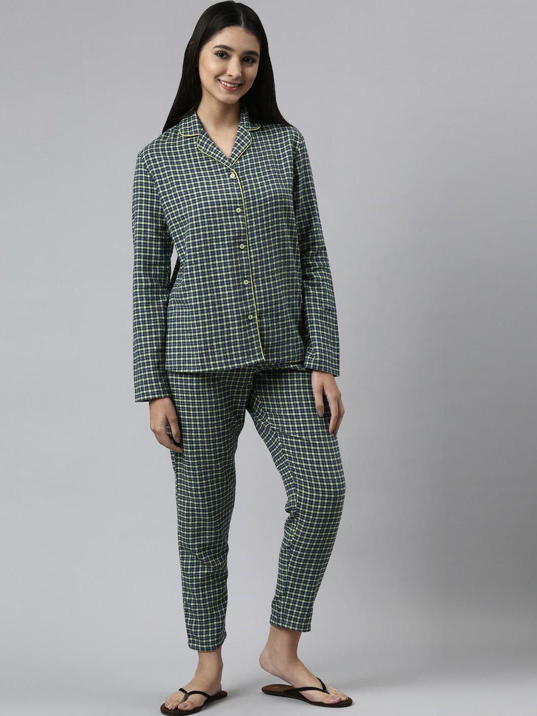 enamor women navy blue & yellow checked night suit