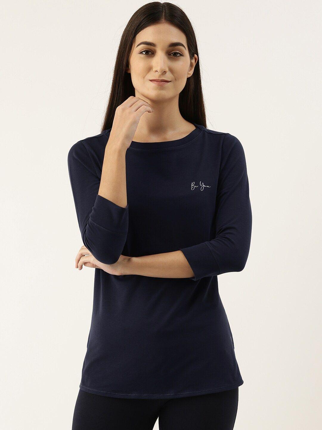 enamor women navy blue slim fit outdoor t-shirt