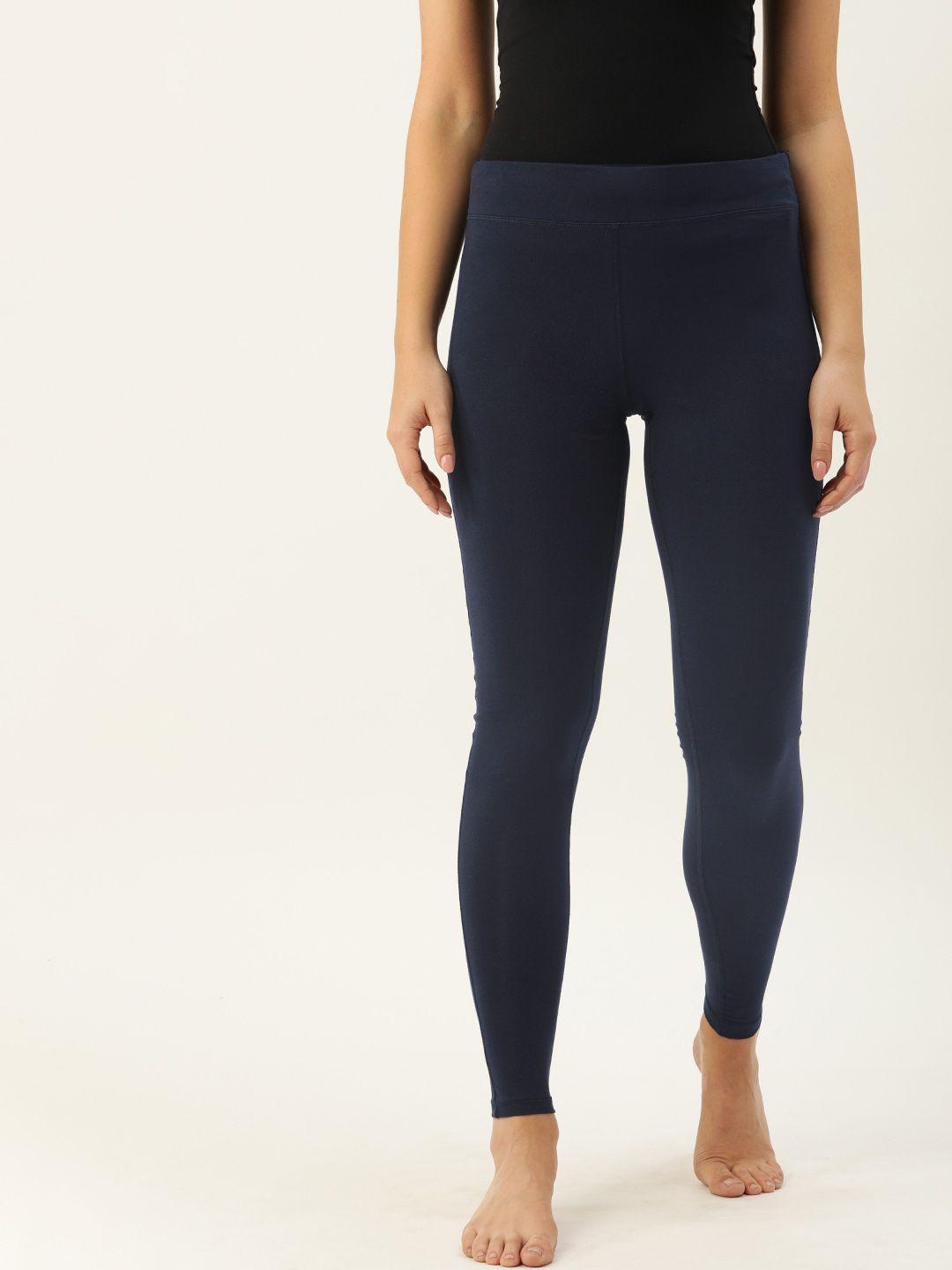enamor women navy blue solid  slim fit ankle-length cotton yoga leggings