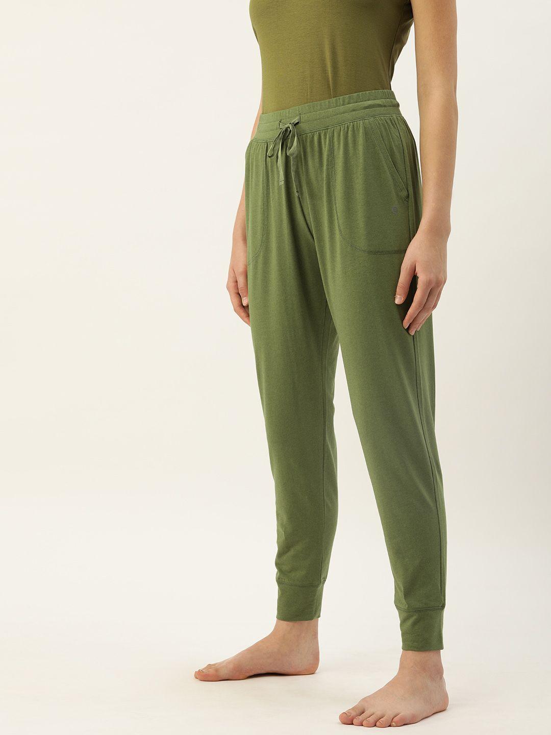 enamor women olive green relaxed fit cotton lounge joggers