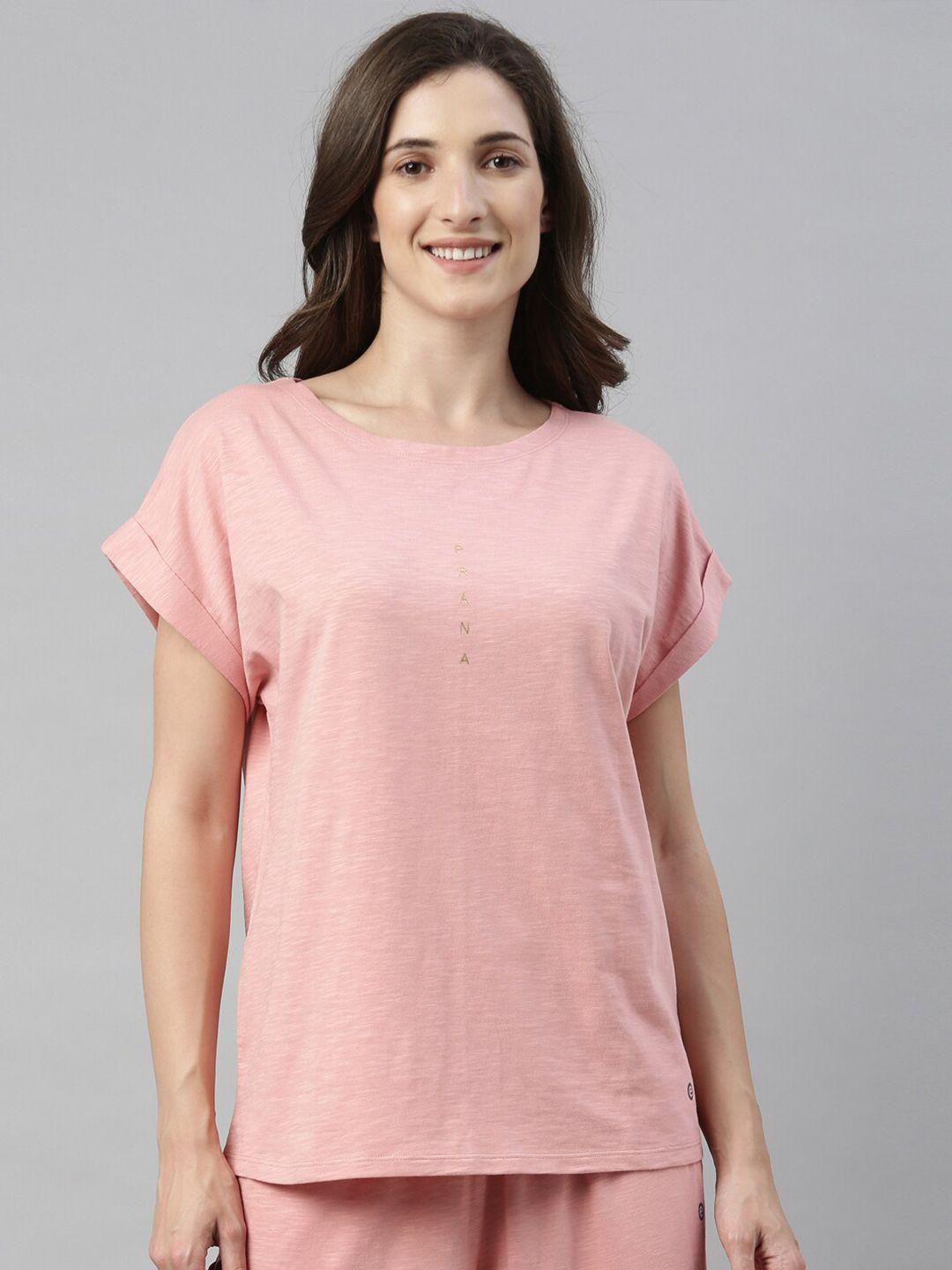 enamor women peach printed relax fit pure cotton t-shirt