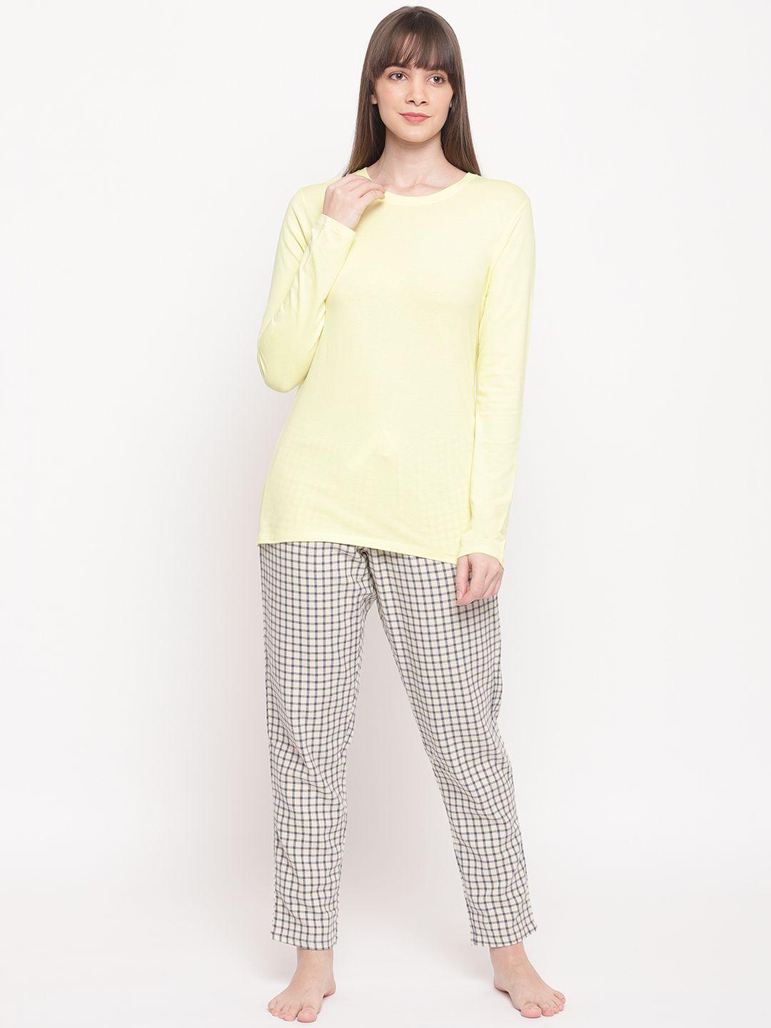 enamor women yellow, white & black solid night suit