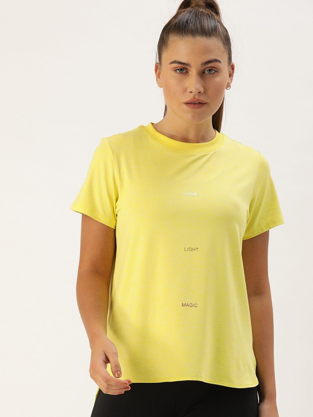 enamor women yellow printed cut out detail relaxed round neck t-shirt