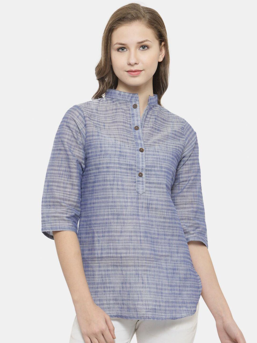 enchanted drapes blue striped mandarin collar pure cotton shirt style top