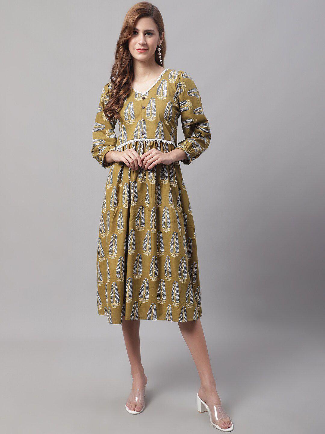 enchanted drapes ethnic motifs a-line midi pure cotton dress