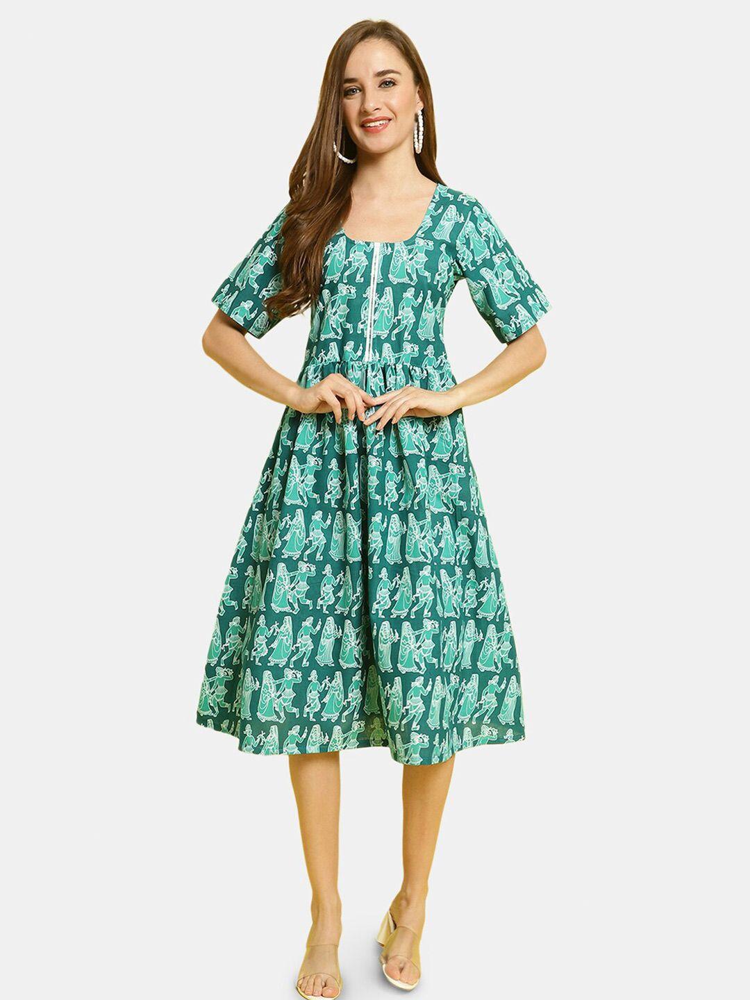 enchanted drapes ethnic printed round neck short sleeves gathered cotton fit & flare dress