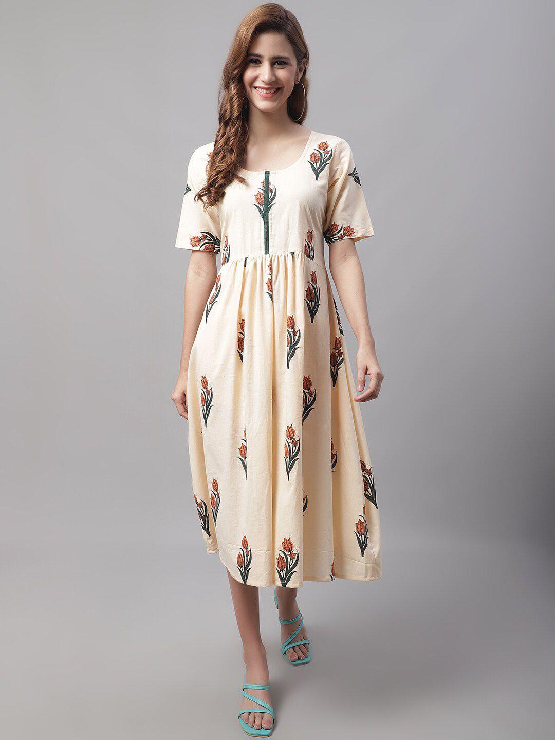 enchanted drapes floral a-line midi pure cotton dress