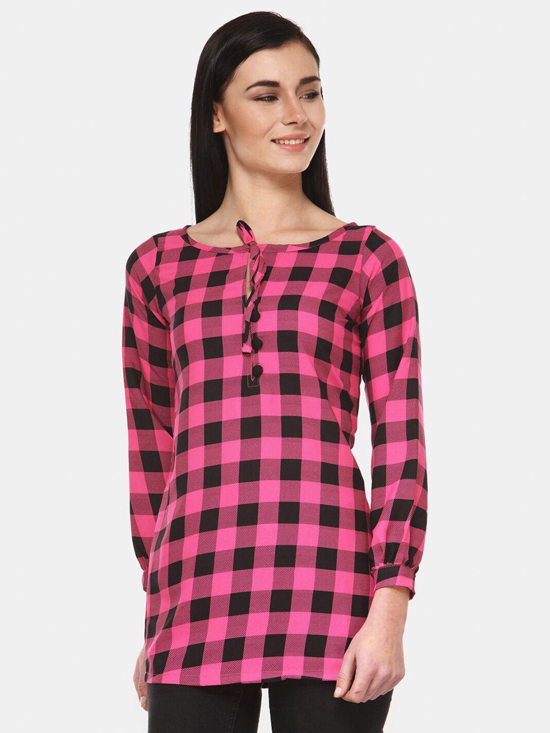 enchanted drapes pink & black checked tie-up neck crepe top