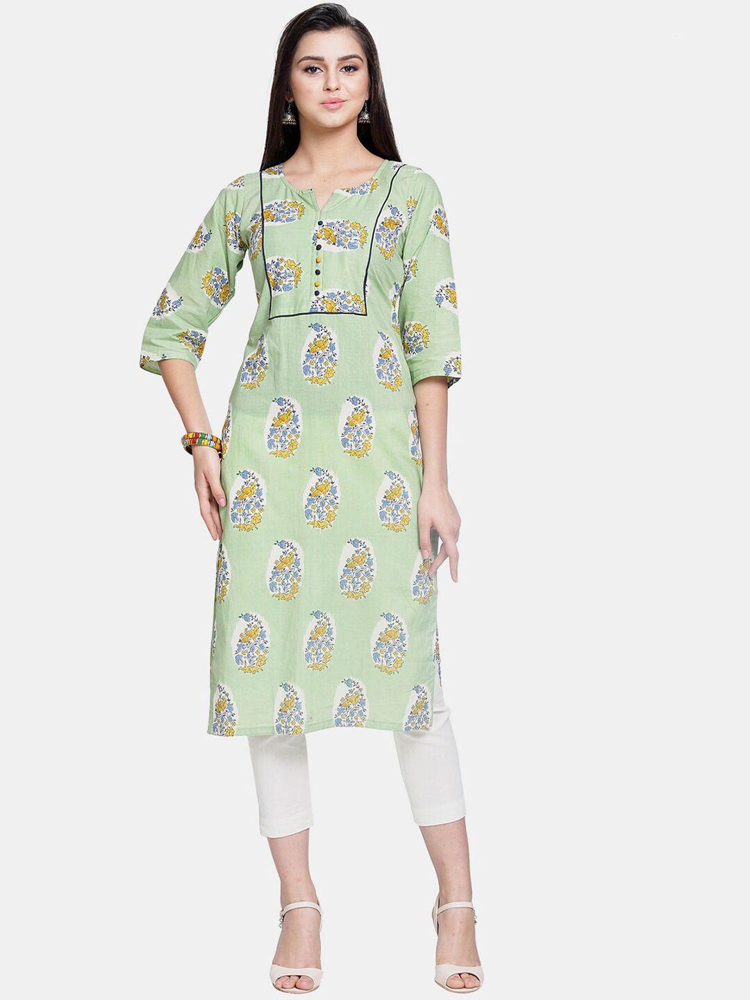 enchanted drapes women green ethnic motifs printed cotton kurta