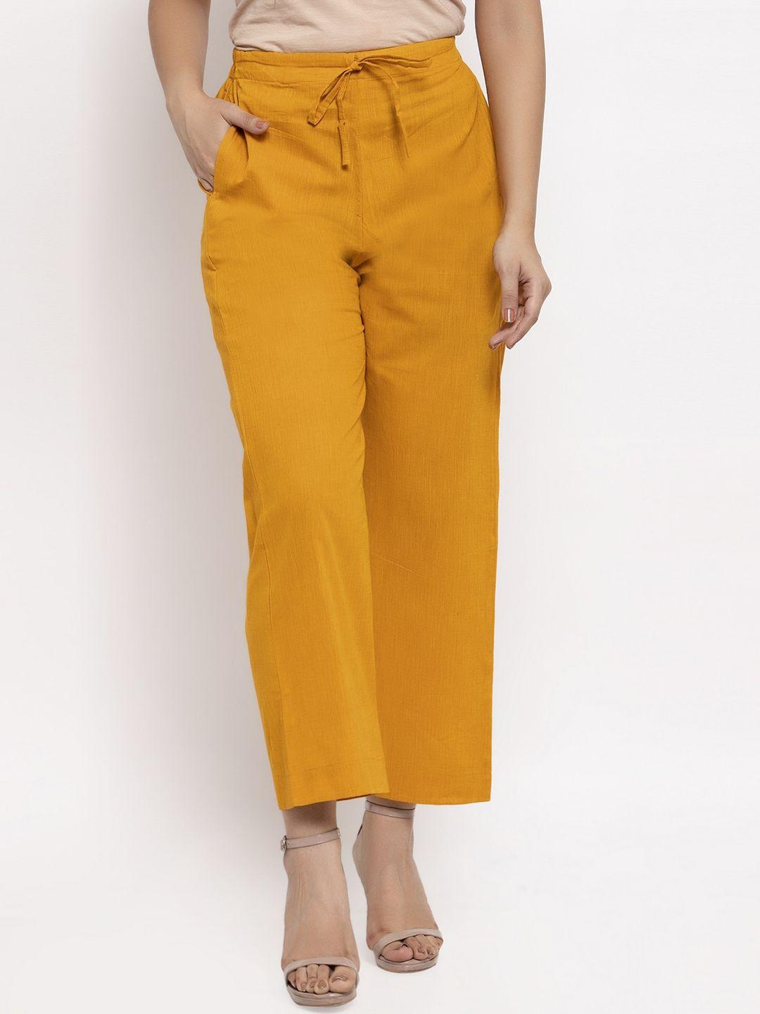 enchanted drapes women mustard yellow solid straight fit trousers