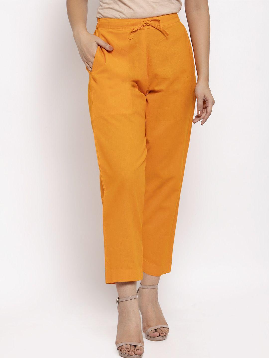 enchanted drapes women orange solid straight fit trousers