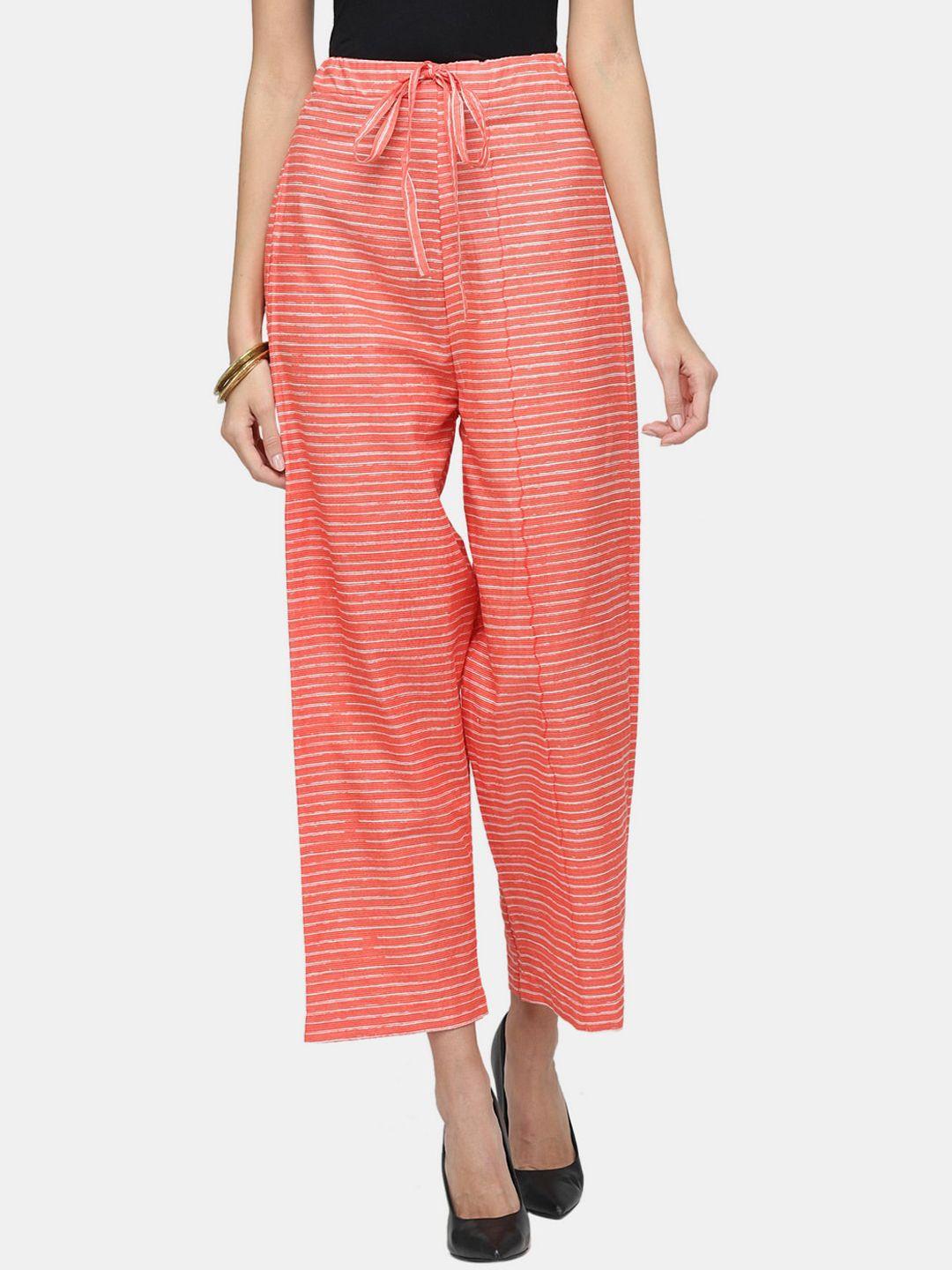 enchanted drapes women orange striped cotton trousers