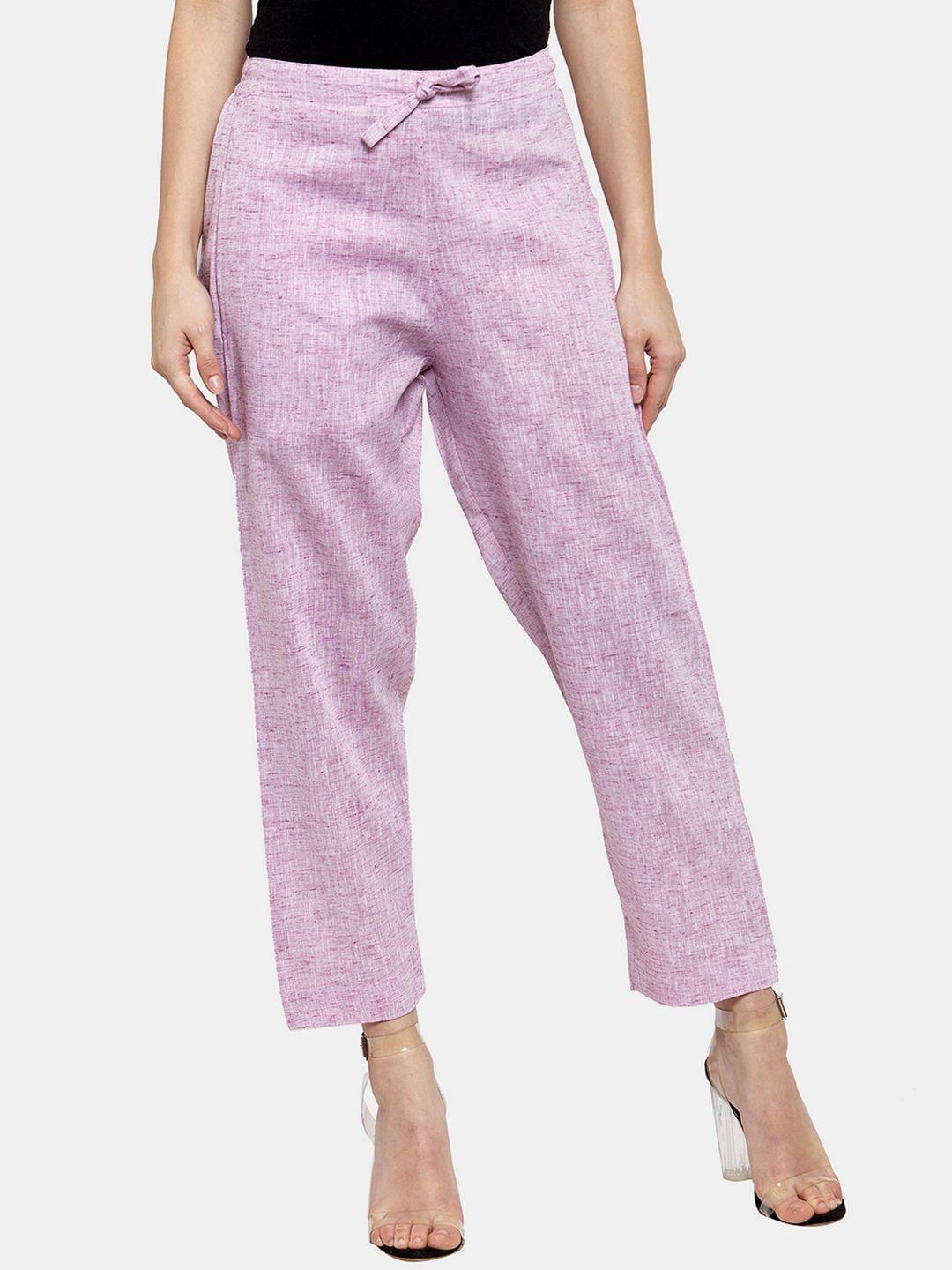 enchanted drapes women purple solid pure cotton trousers