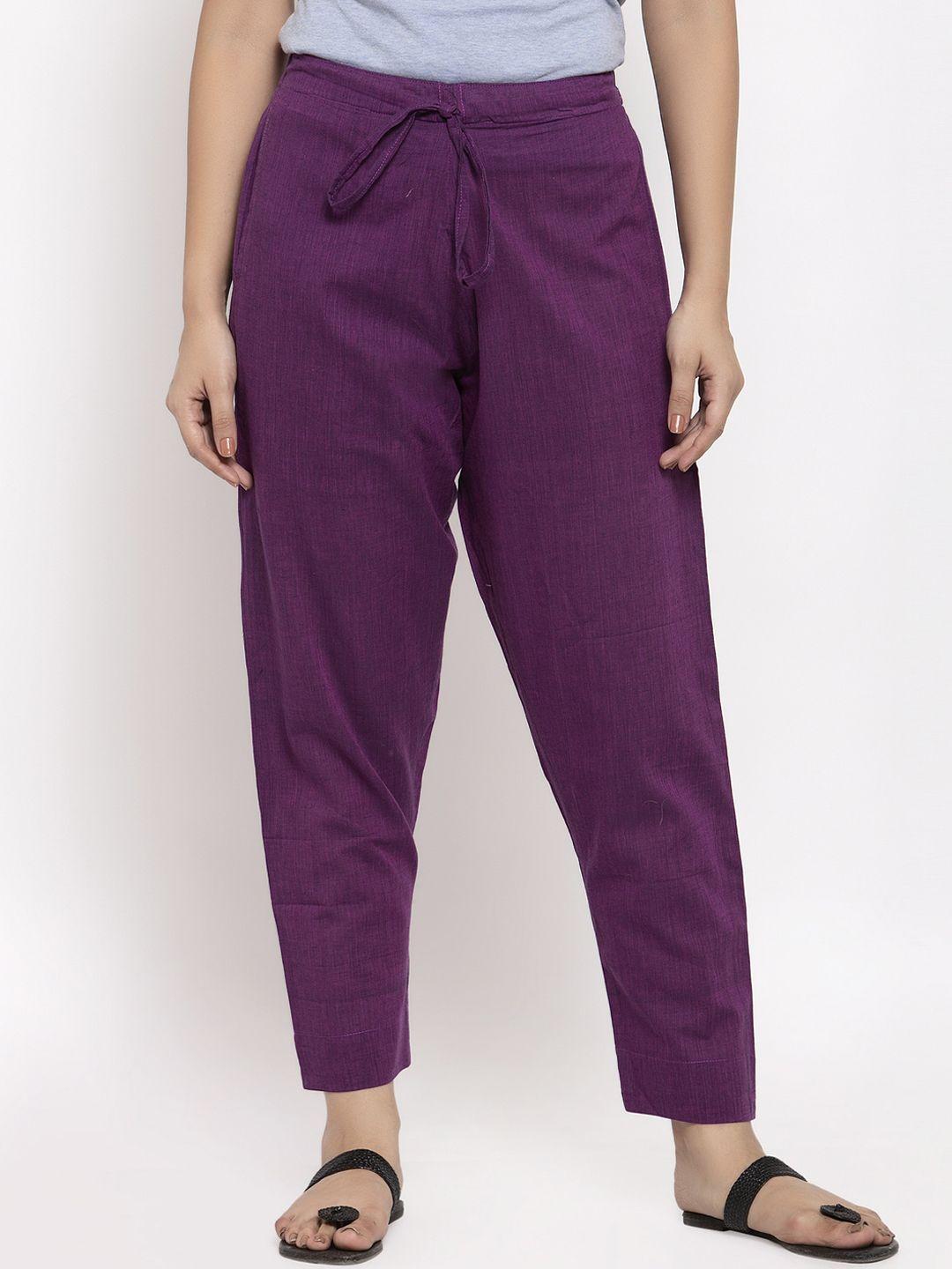 enchanted drapes women purple solid straight fit regular trousers