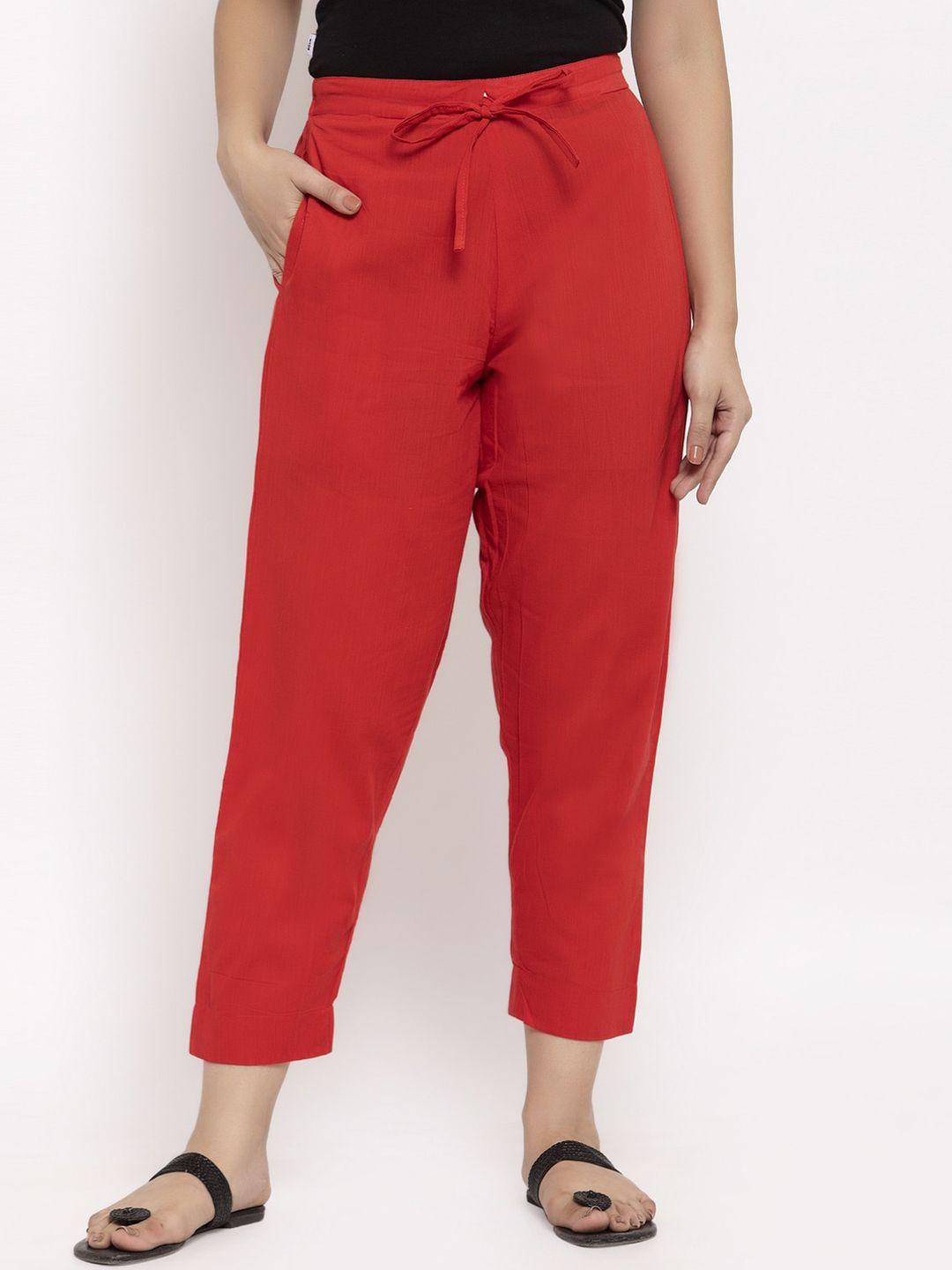 enchanted drapes women red solid straight fit trousers
