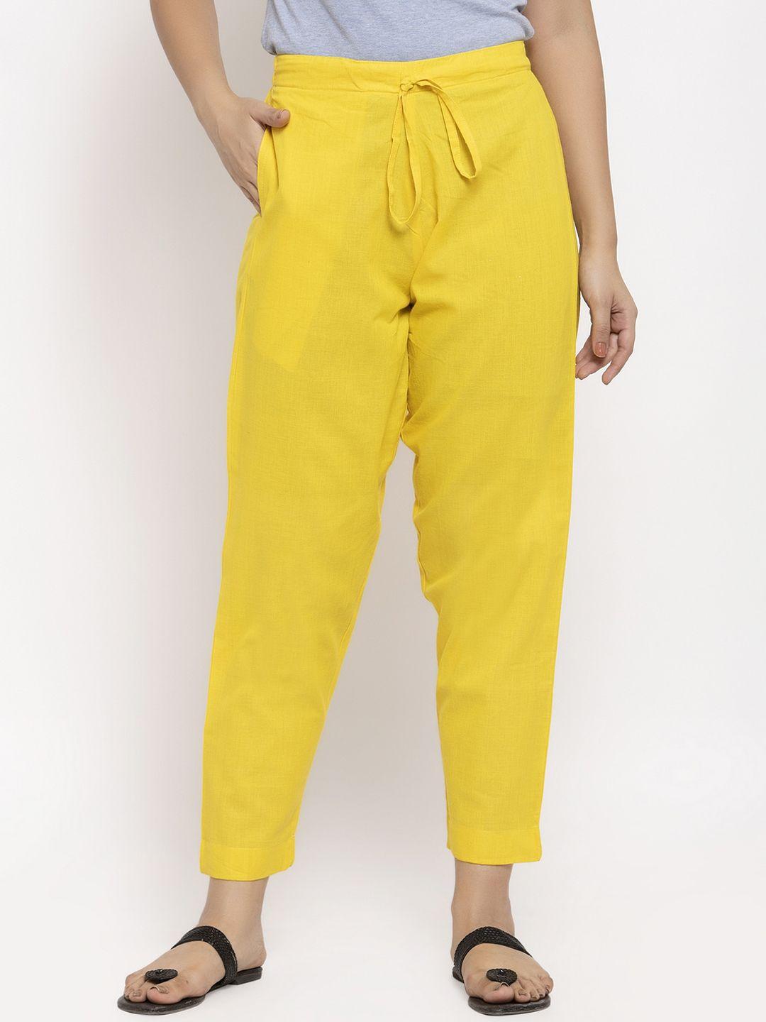 enchanted drapes women yellow solid straight fit trousers