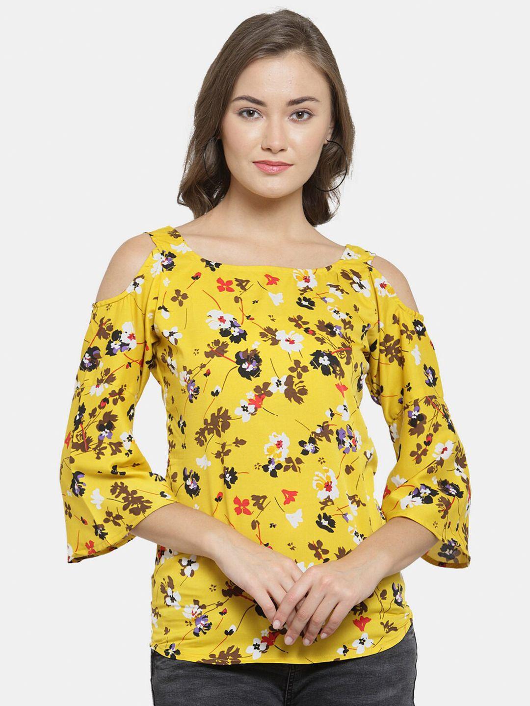 enchanted drapes yellow floral print crepe cold shoulder top