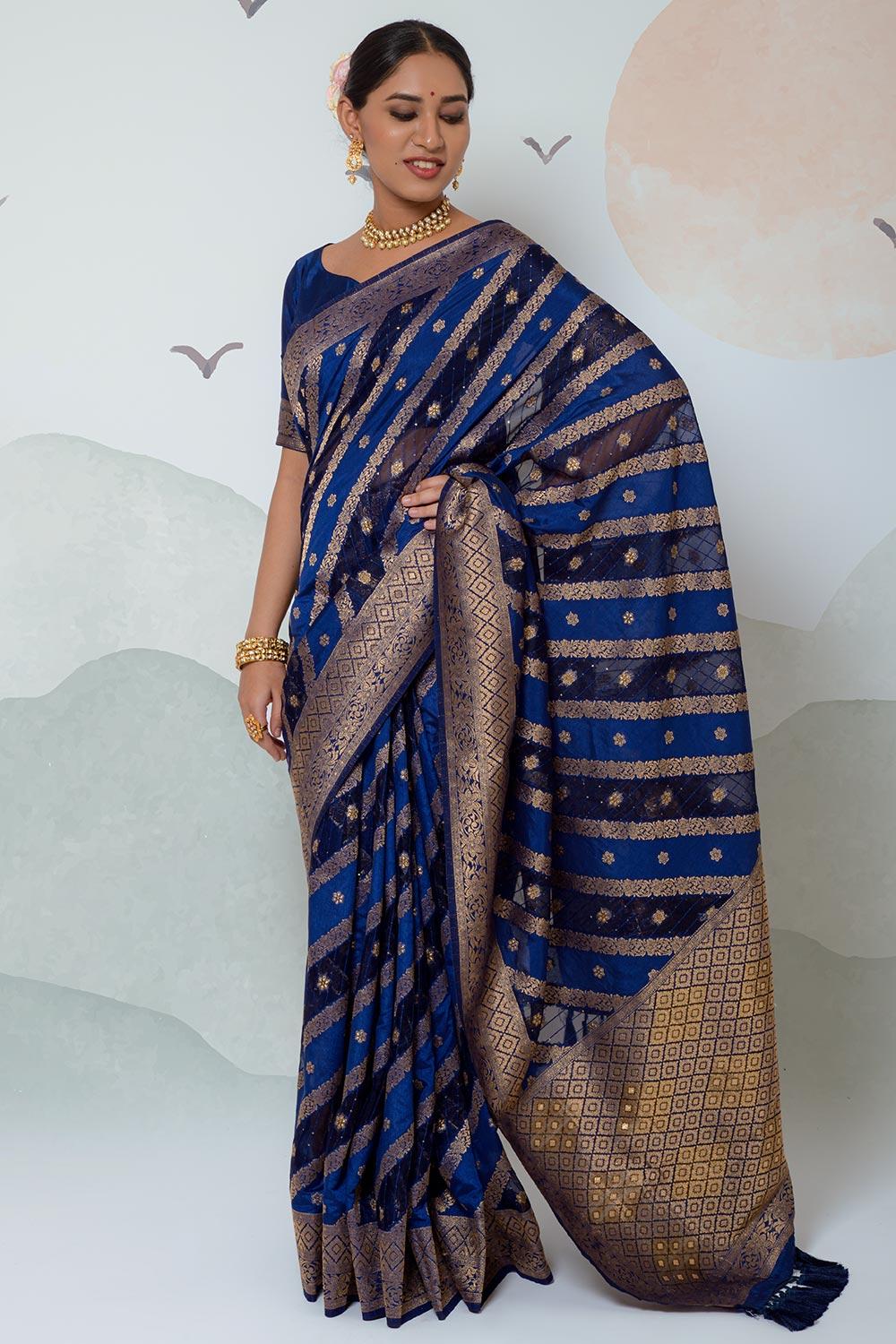 enchanting dark blue organza silk saree with blouse